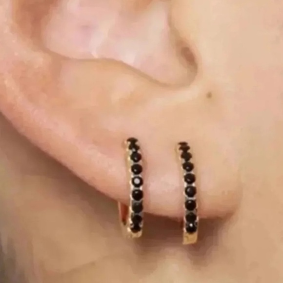 Modest Lu Jewelry - COPY - Gold Black Crystal Mini Small Huggie Hoop Earrings
